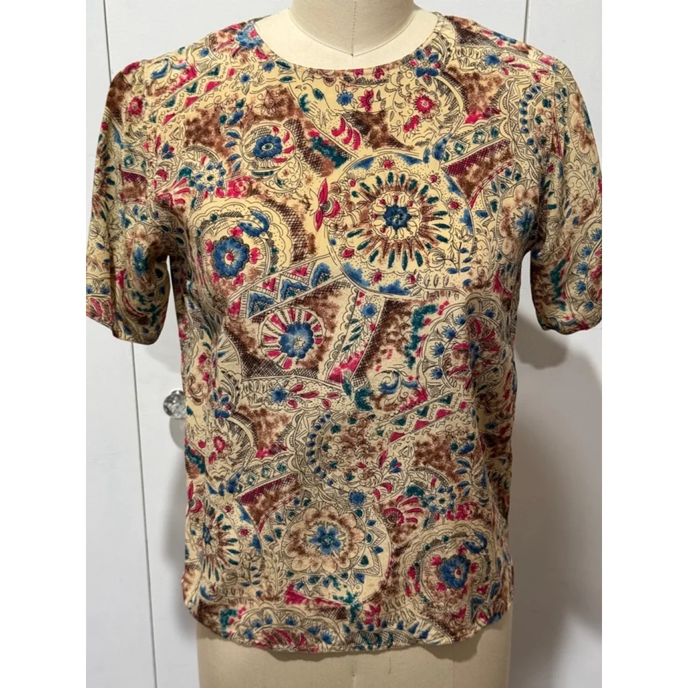 Diversity petite Size S Yellow Multi-color print silk short sleeve blouse - Picture 1 of 6
